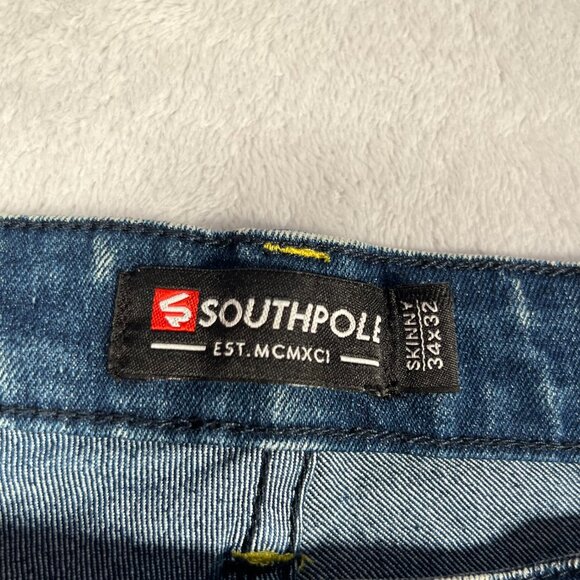 South Pole Jeans Mens 34x32 Blue Denim Dark Acid Wash Skinny Moto Biker Hip Hop - Picture 2 of 11